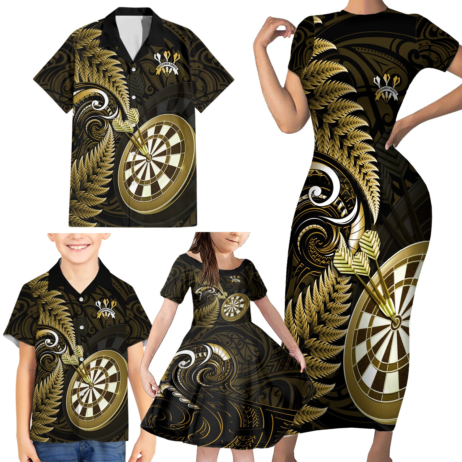 new-zealand-darts-family-matching-short-sleeve-bodycon-dress-and-hawaiian-shirt-happiness-is-a-tight-threesome-maori-gold