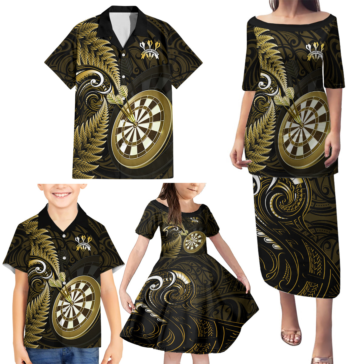 Personalised New Zealand Darts Family Matching Puletasi Dress and Hawaiian Shirt Happiness Is A Tight Threesome Maori Gold LT14 - Polynesian Pride