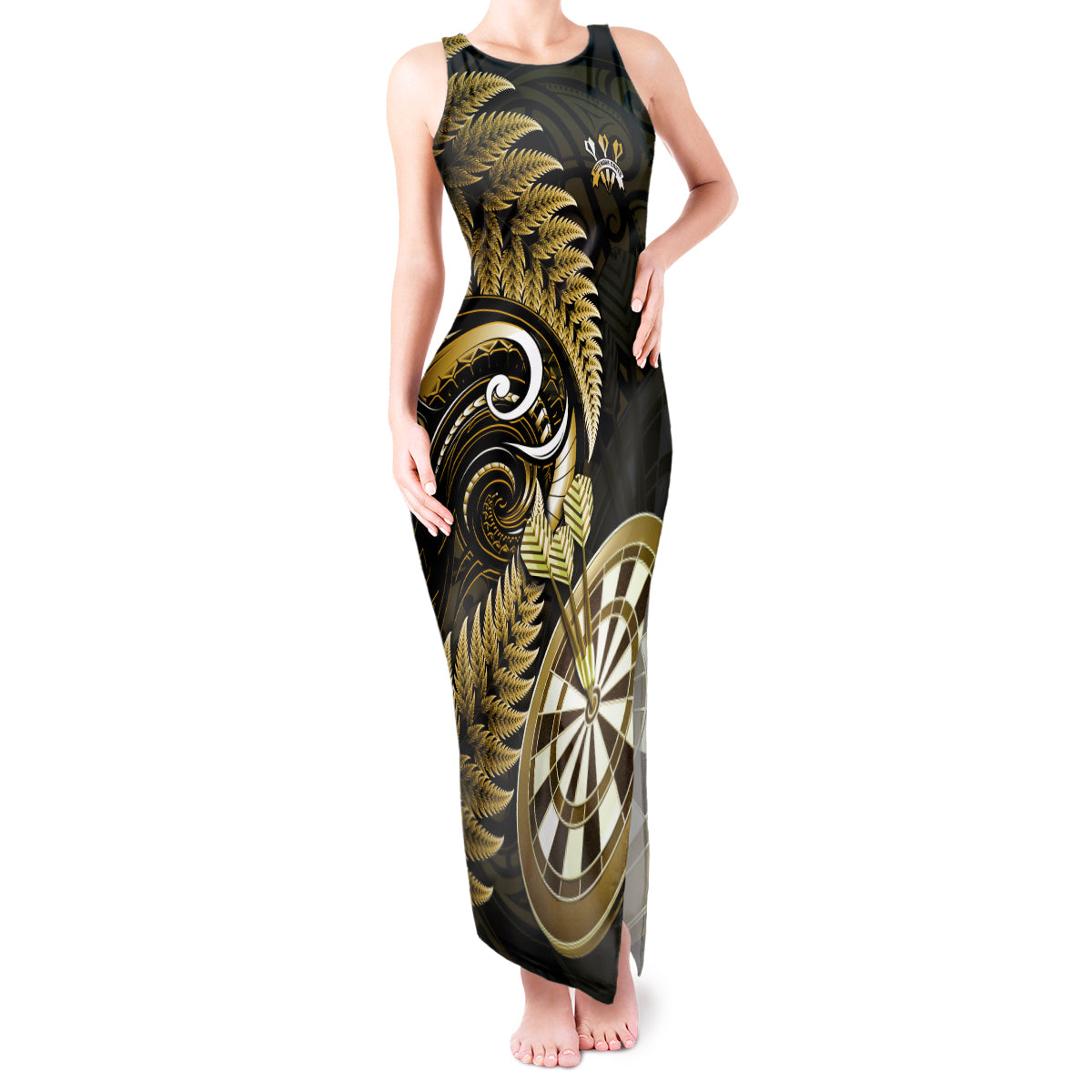 Personalised New Zealand Darts Tank Maxi Dress Happiness Is A Tight Threesome Maori Gold LT14 Women Gold - Polynesian Pride