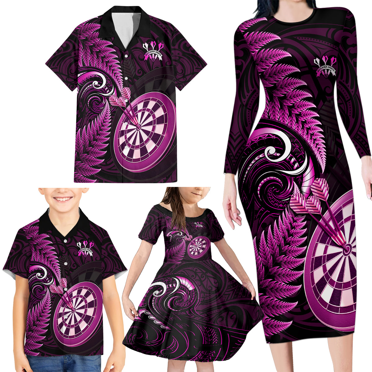 New Zealand Darts Family Matching Long Sleeve Bodycon Dress and Hawaiian Shirt Happiness Is A Tight Threesome Maori Pink LT14 - Polynesian Pride