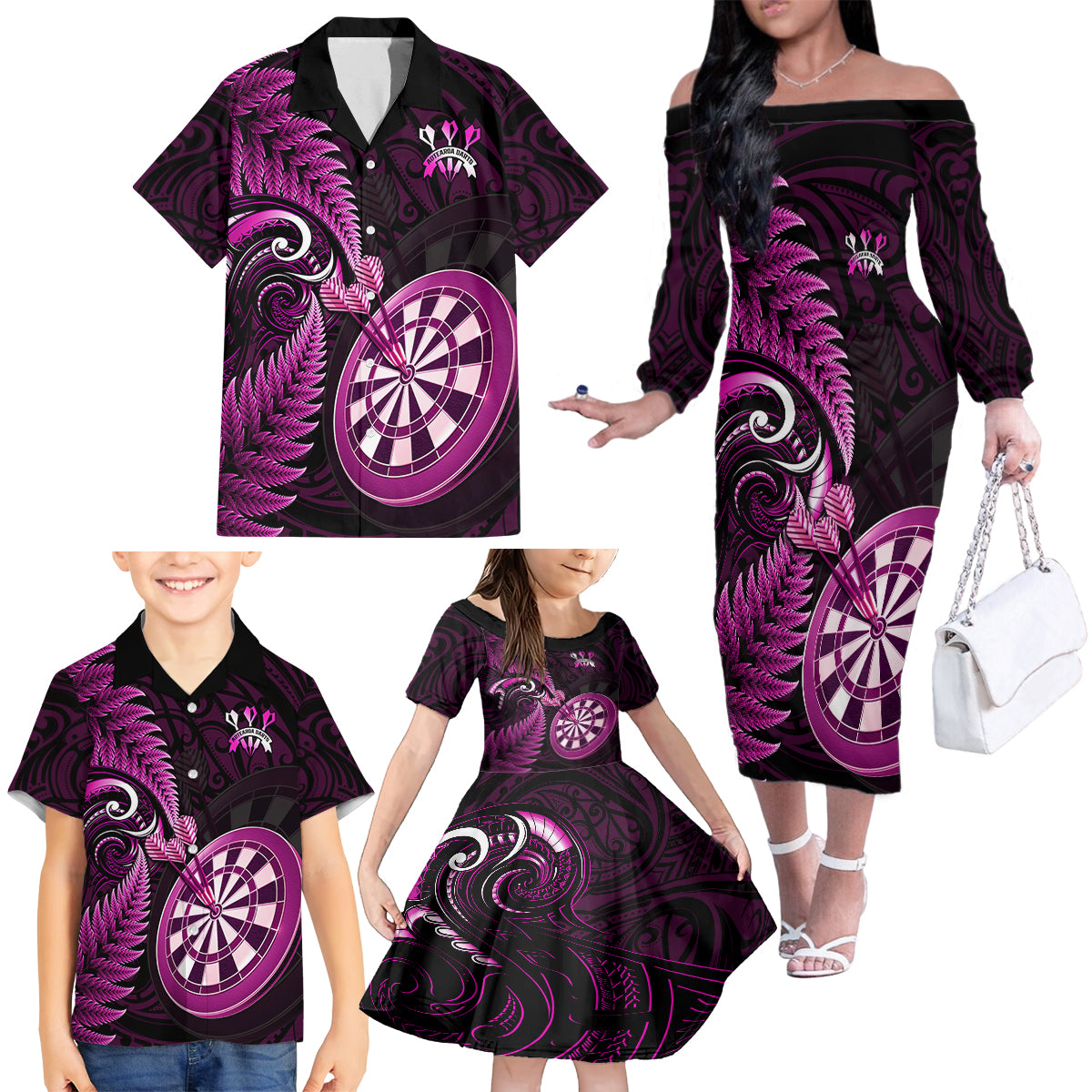 New Zealand Darts Family Matching Off Shoulder Long Sleeve Dress and Hawaiian Shirt Happiness Is A Tight Threesome Maori Pink LT14 - Polynesian Pride