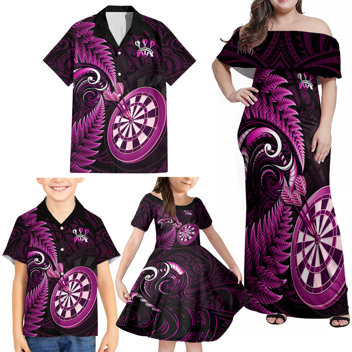 New Zealand Darts Family Matching Off Shoulder Maxi Dress and Hawaiian Shirt Happiness Is A Tight Threesome Maori Pink LT14 - Polynesian Pride