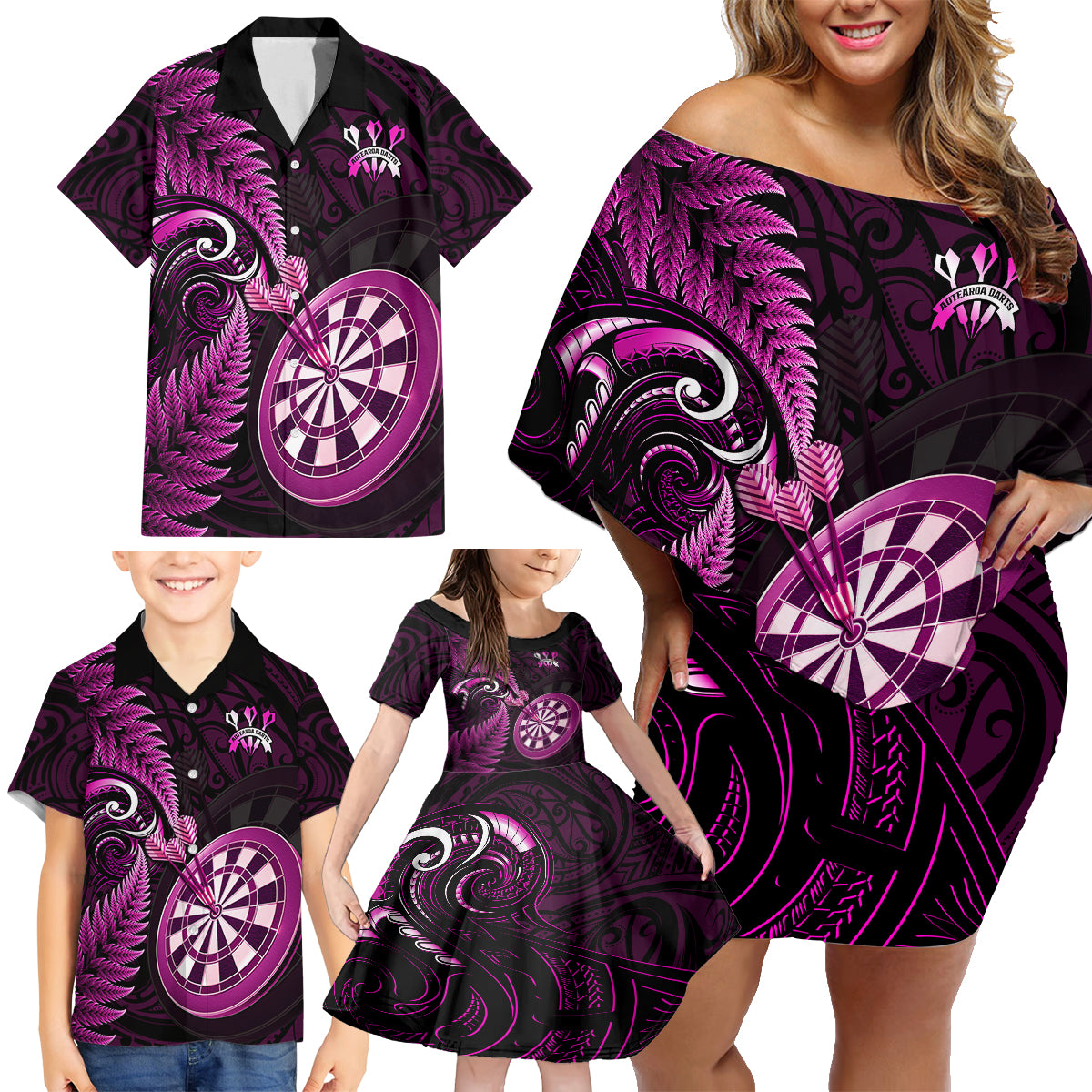 New Zealand Darts Family Matching Off Shoulder Short Dress and Hawaiian Shirt Happiness Is A Tight Threesome Maori Pink LT14 - Polynesian Pride