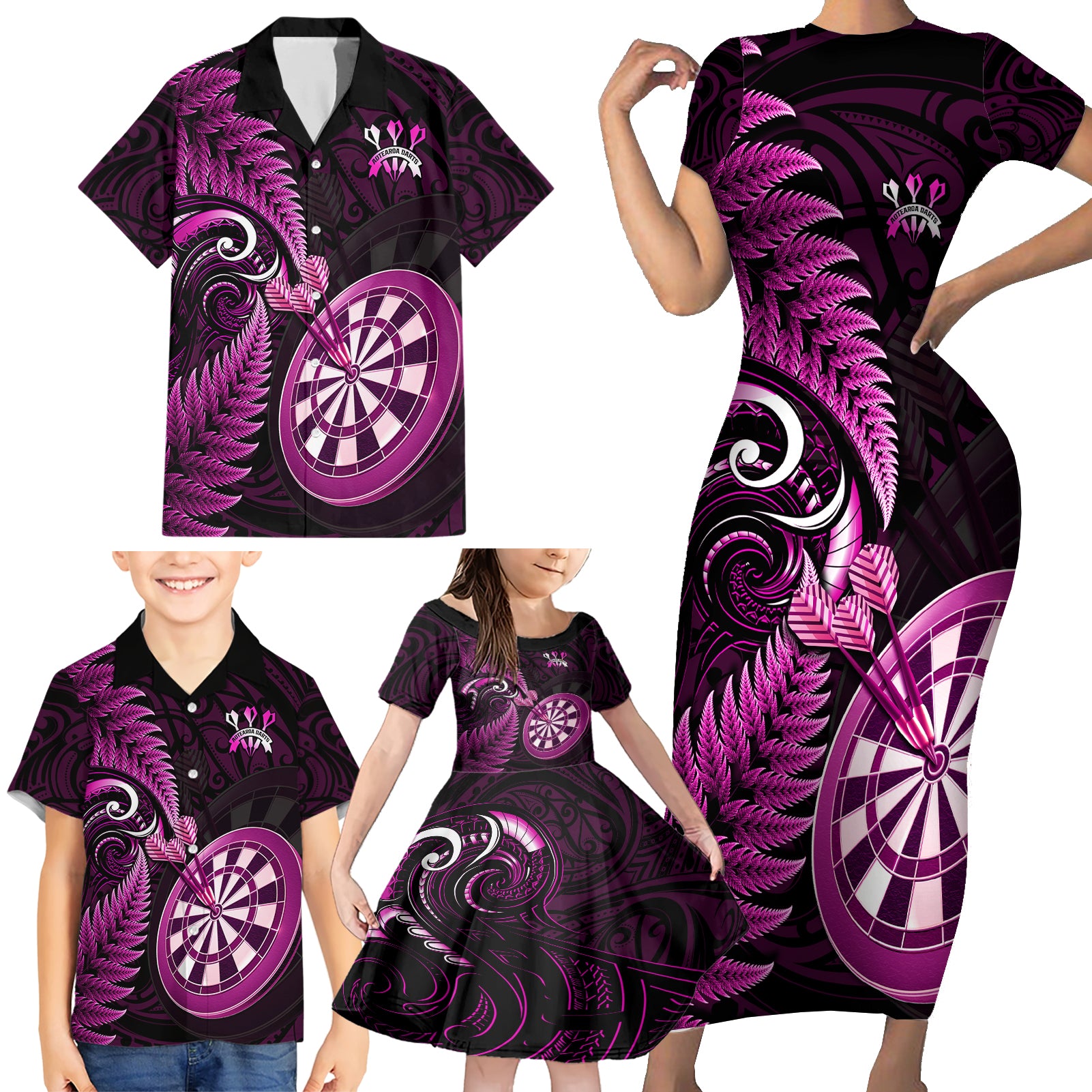 New Zealand Darts Family Matching Short Sleeve Bodycon Dress and Hawaiian Shirt Happiness Is A Tight Threesome Maori Pink LT14 - Polynesian Pride