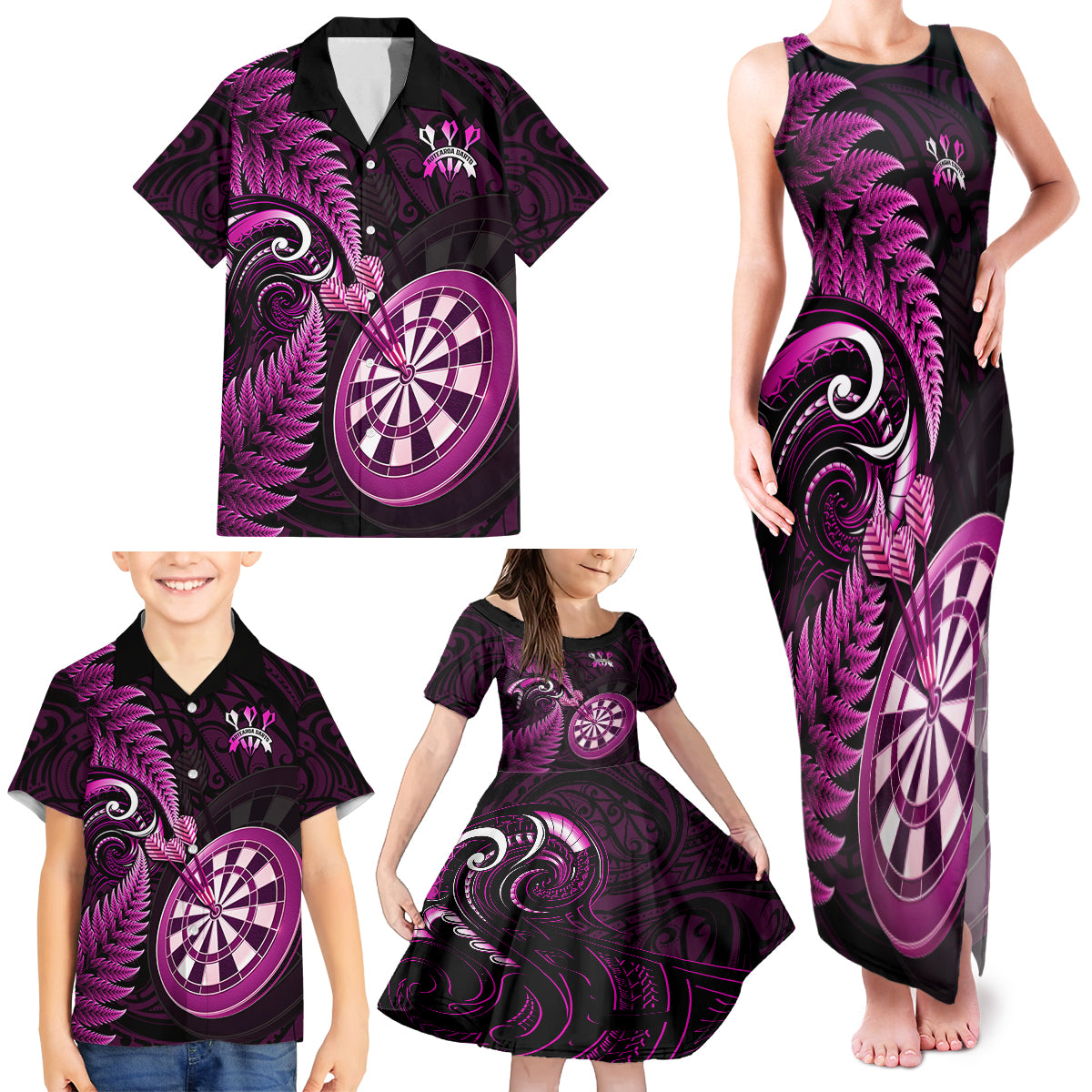 New Zealand Darts Family Matching Tank Maxi Dress and Hawaiian Shirt Happiness Is A Tight Threesome Maori Pink LT14 - Polynesian Pride