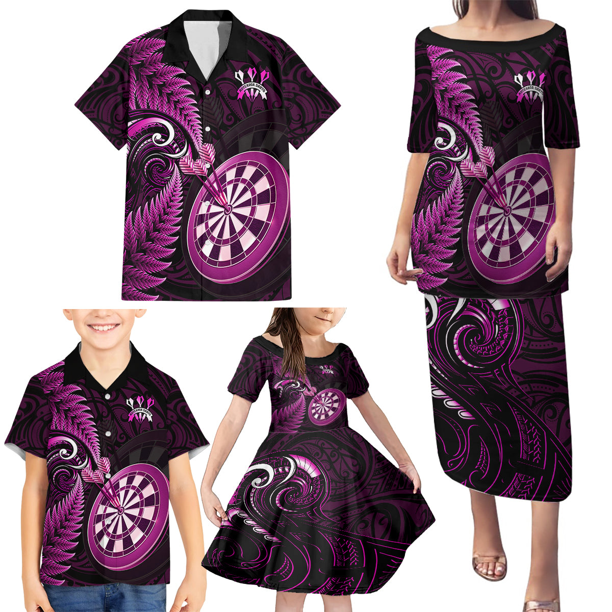 Personalised New Zealand Darts Family Matching Puletasi Dress and Hawaiian Shirt Happiness Is A Tight Threesome Maori Pink LT14 - Polynesian Pride