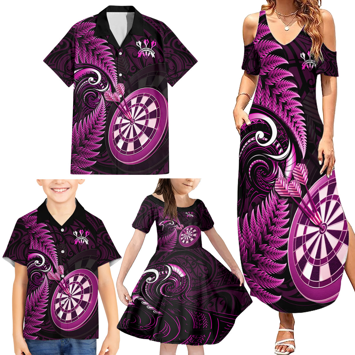 Personalised New Zealand Darts Family Matching Summer Maxi Dress and Hawaiian Shirt Happiness Is A Tight Threesome Maori Pink LT14 - Polynesian Pride