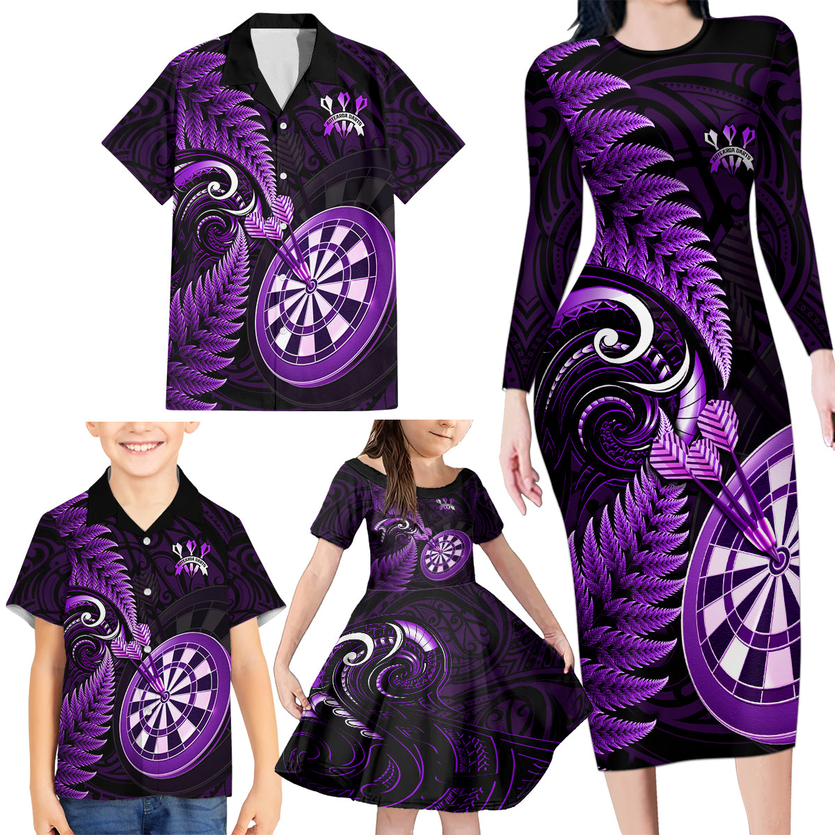 New Zealand Darts Family Matching Long Sleeve Bodycon Dress and Hawaiian Shirt Happiness Is A Tight Threesome Maori Purple LT14 - Polynesian Pride