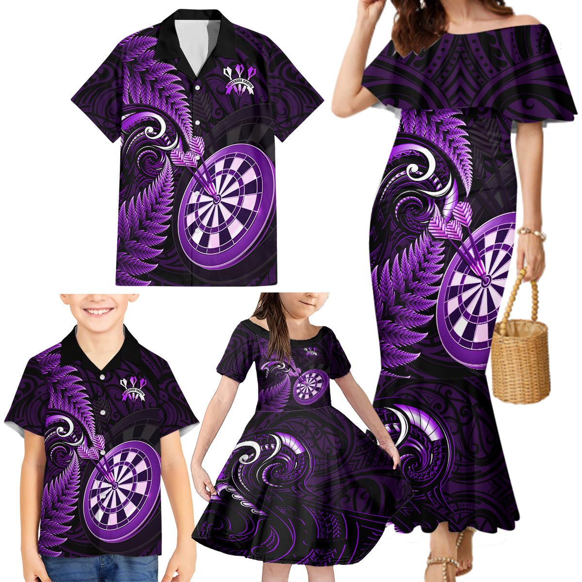 New Zealand Darts Family Matching Mermaid Dress and Hawaiian Shirt Happiness Is A Tight Threesome Maori Purple LT14 - Polynesian Pride