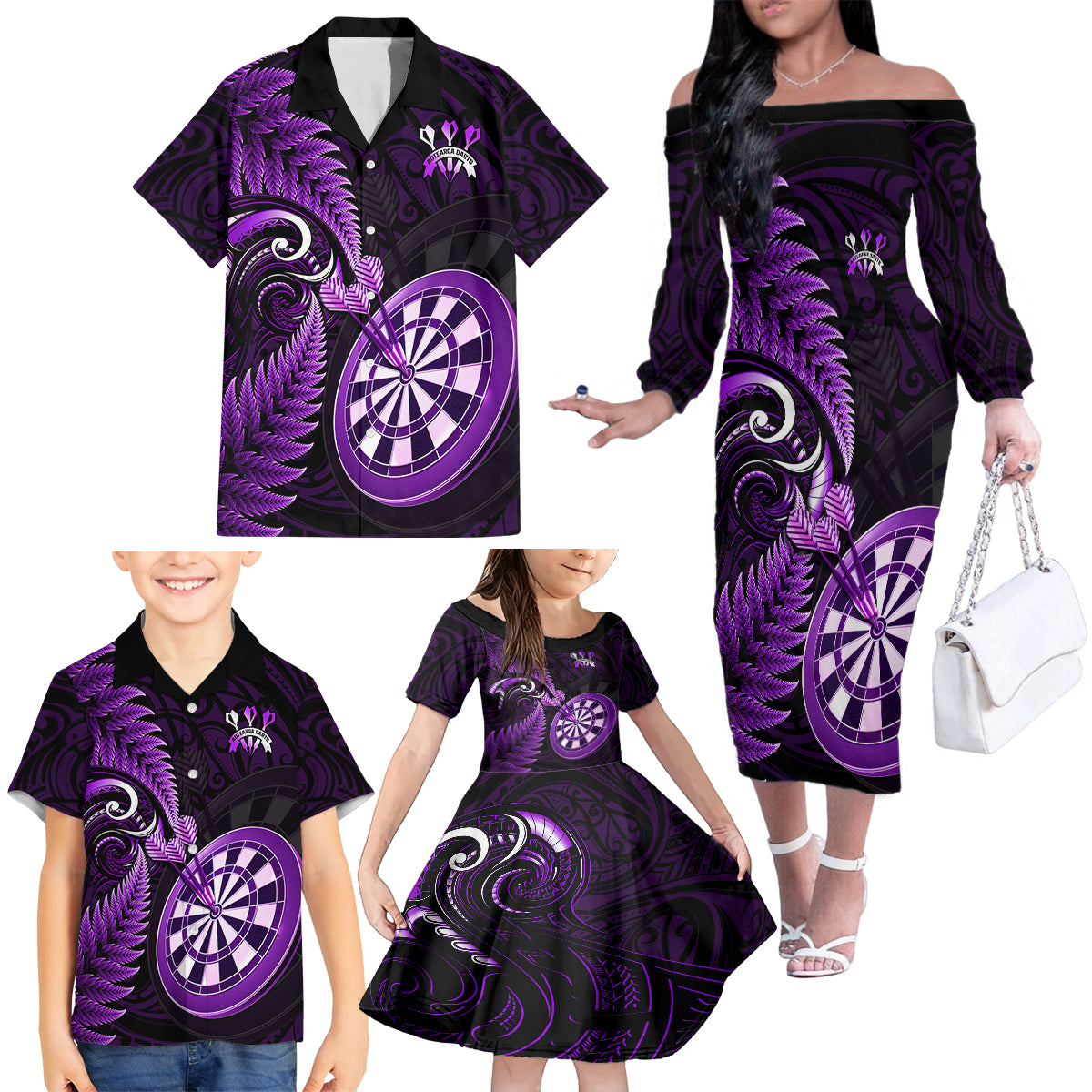 New Zealand Darts Family Matching Off Shoulder Long Sleeve Dress and Hawaiian Shirt Happiness Is A Tight Threesome Maori Purple LT14 - Polynesian Pride