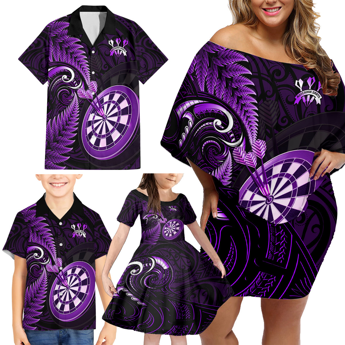 New Zealand Darts Family Matching Off Shoulder Short Dress and Hawaiian Shirt Happiness Is A Tight Threesome Maori Purple LT14 - Polynesian Pride