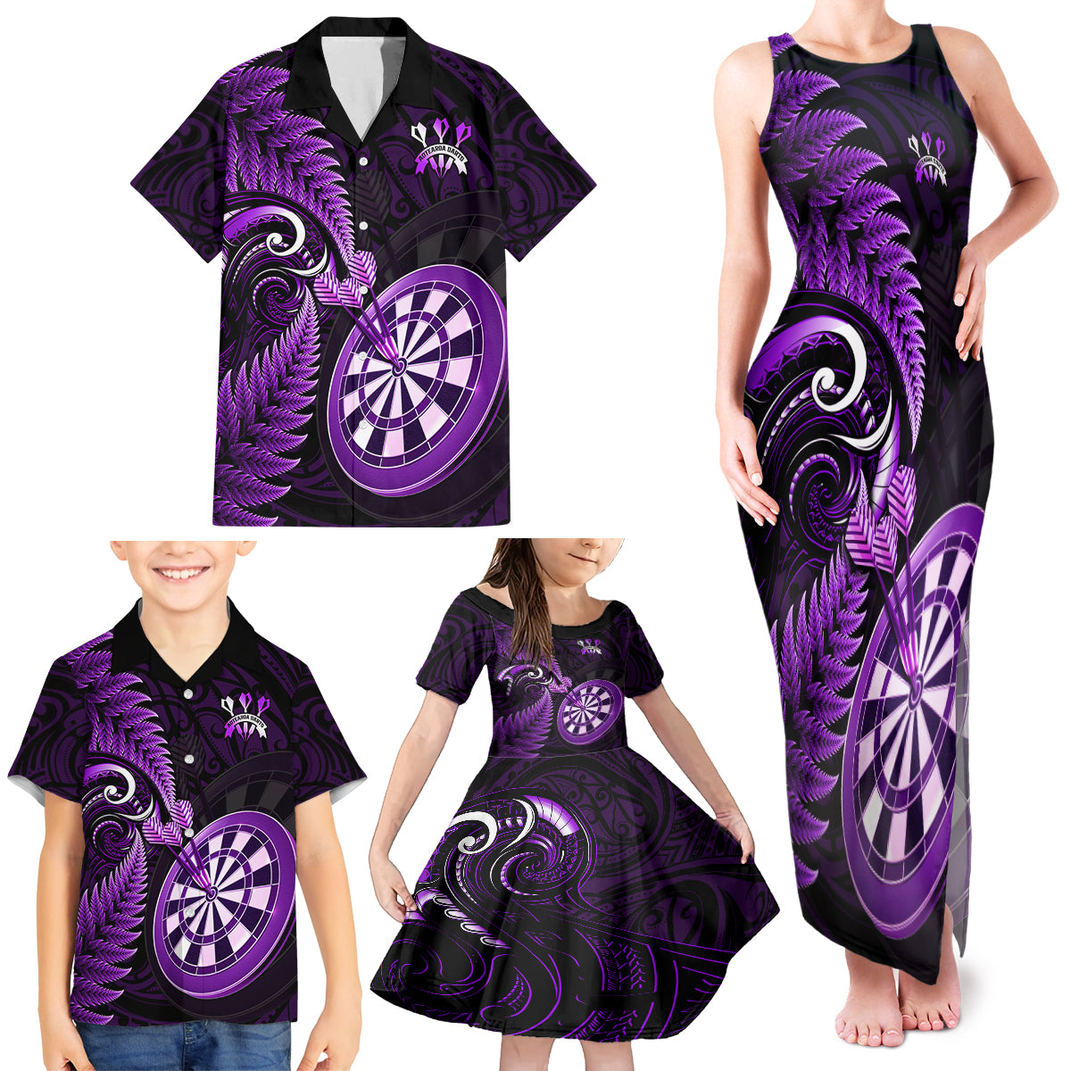 New Zealand Darts Family Matching Tank Maxi Dress and Hawaiian Shirt Happiness Is A Tight Threesome Maori Purple LT14 - Polynesian Pride