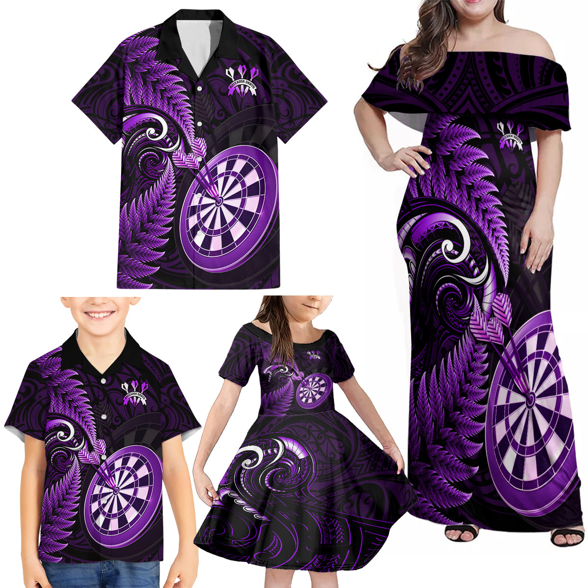 Personalised New Zealand Darts Family Matching Off Shoulder Maxi Dress and Hawaiian Shirt Happiness Is A Tight Threesome Maori Purple LT14 - Polynesian Pride