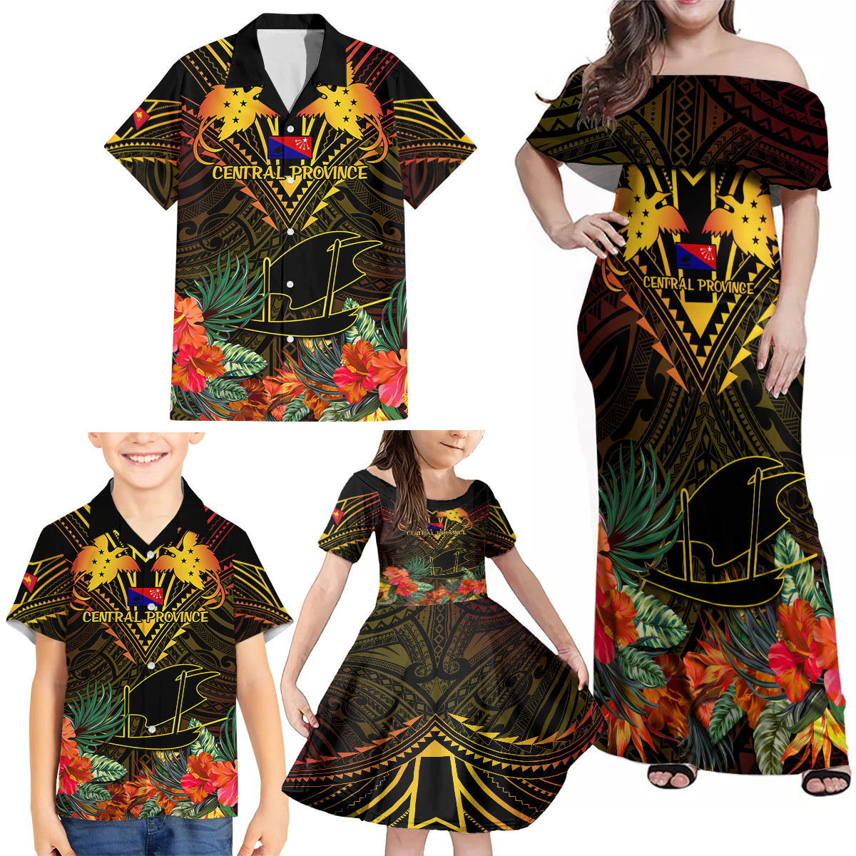 Papua New Guinea Central Province Family Matching Off Shoulder Maxi Dress and Hawaiian Shirt Papua Niugini Coat Of Arms With Flag Style LT14 - Polynesian Pride