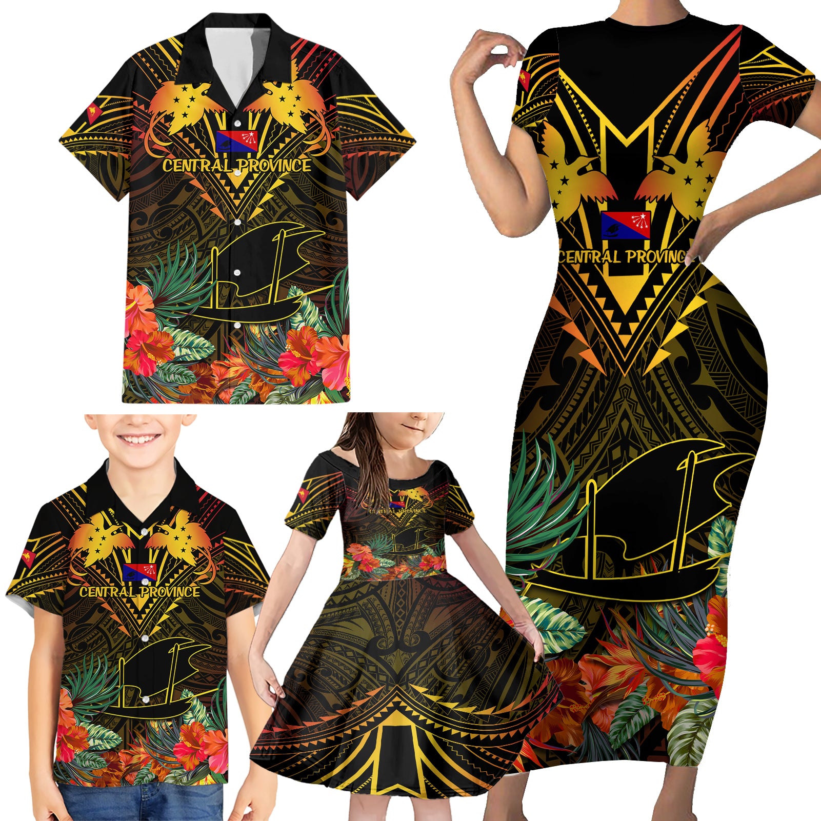 Papua New Guinea Central Province Family Matching Short Sleeve Bodycon Dress and Hawaiian Shirt Papua Niugini Coat Of Arms With Flag Style LT14 - Polynesian Pride