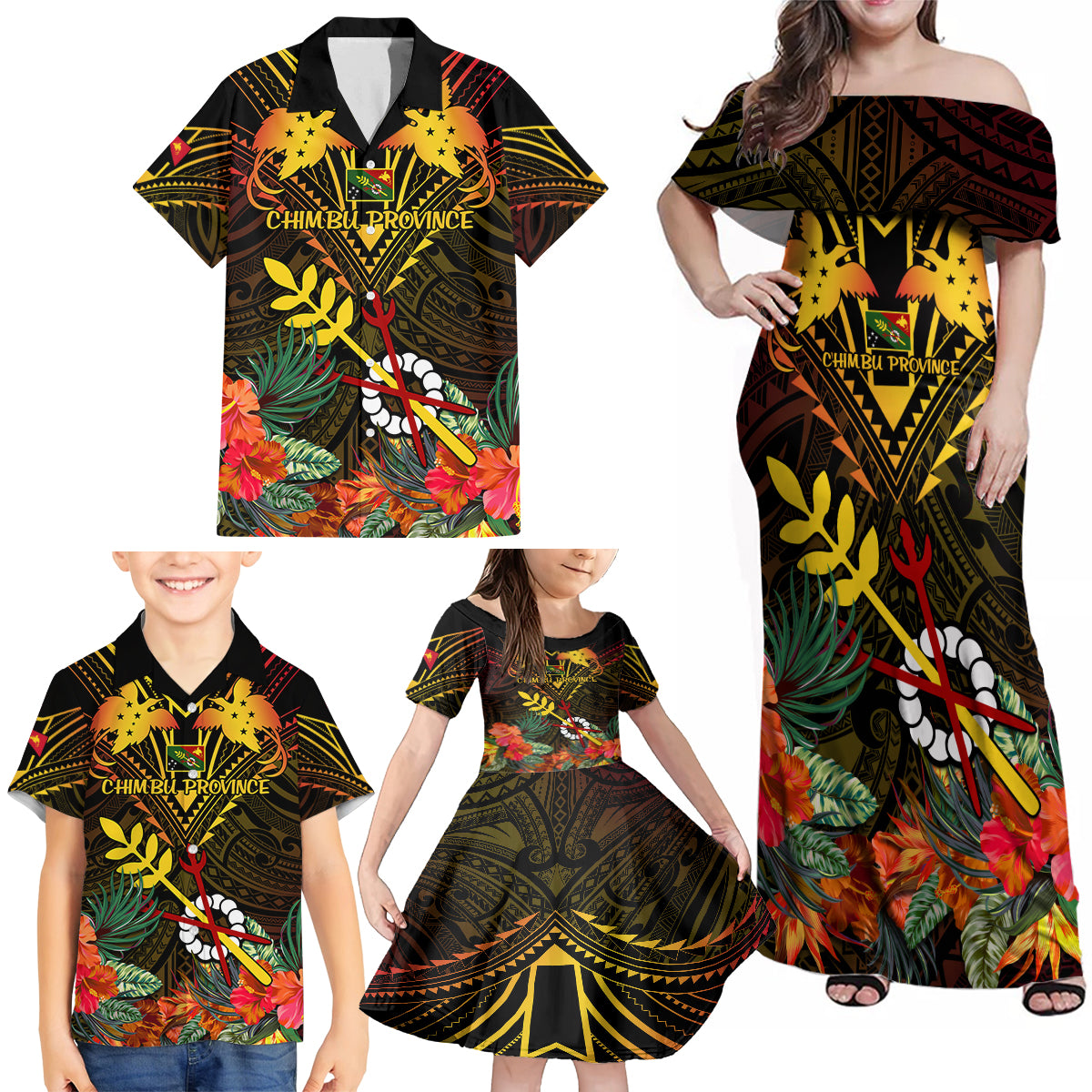 Papua New Guinea Chimbu Province Family Matching Off Shoulder Maxi Dress and Hawaiian Shirt Papua Niugini Coat Of Arms With Flag Style LT14 - Polynesian Pride