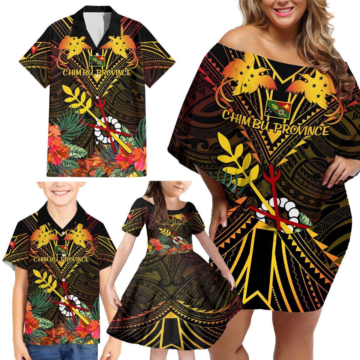 Papua New Guinea Chimbu Province Family Matching Off Shoulder Short Dress and Hawaiian Shirt Papua Niugini Coat Of Arms With Flag Style LT14 - Polynesian Pride