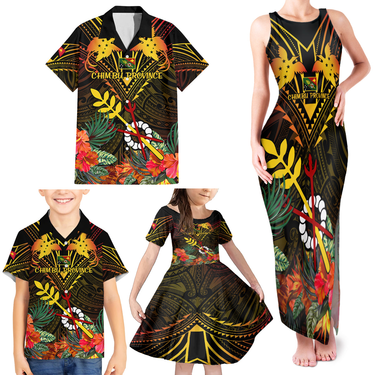 Papua New Guinea Chimbu Province Family Matching Tank Maxi Dress and Hawaiian Shirt Papua Niugini Coat Of Arms With Flag Style LT14 - Polynesian Pride