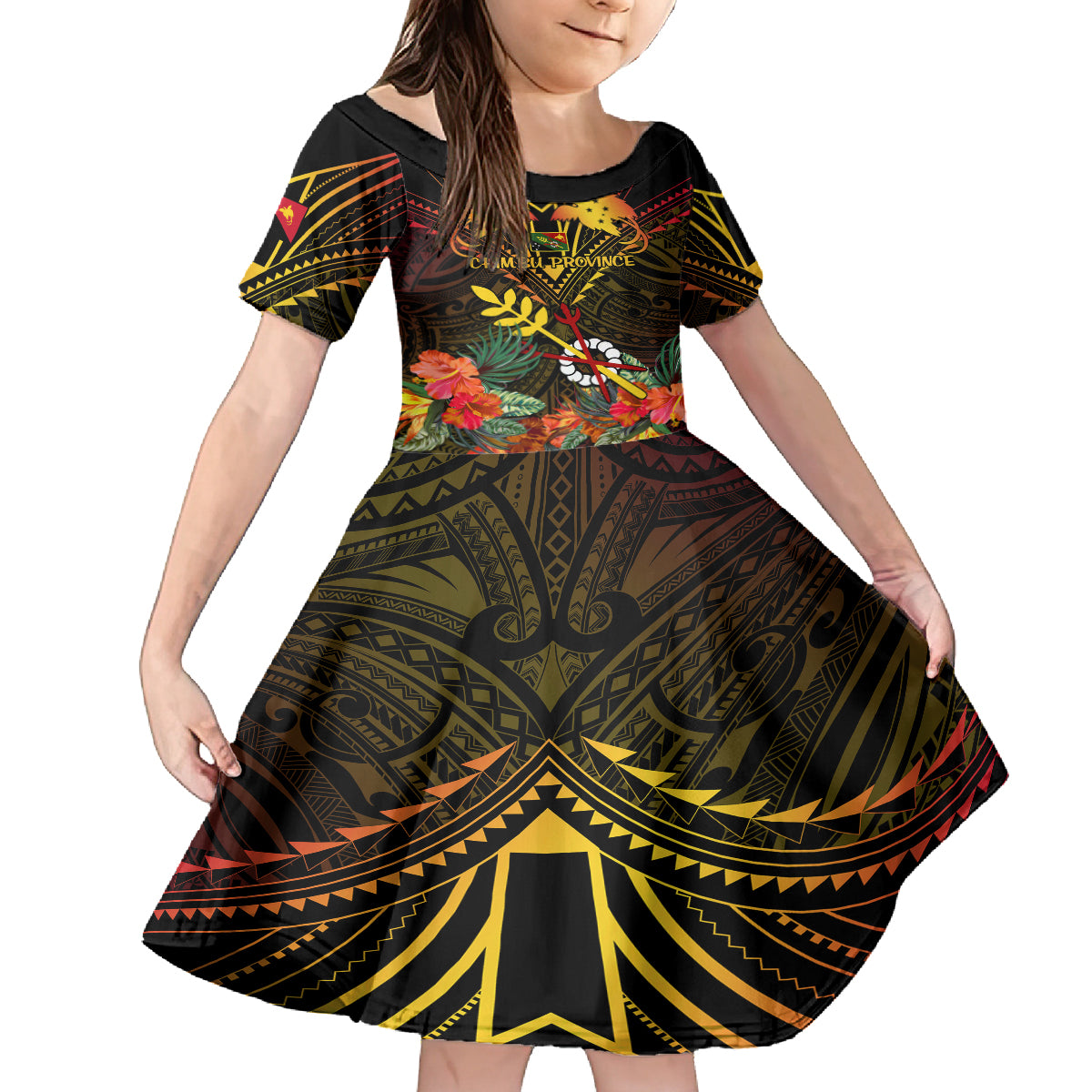 Papua New Guinea Chimbu Province Kid Short Sleeve Dress Papua Niugini Coat Of Arms With Flag Style LT14 KID Black - Polynesian Pride