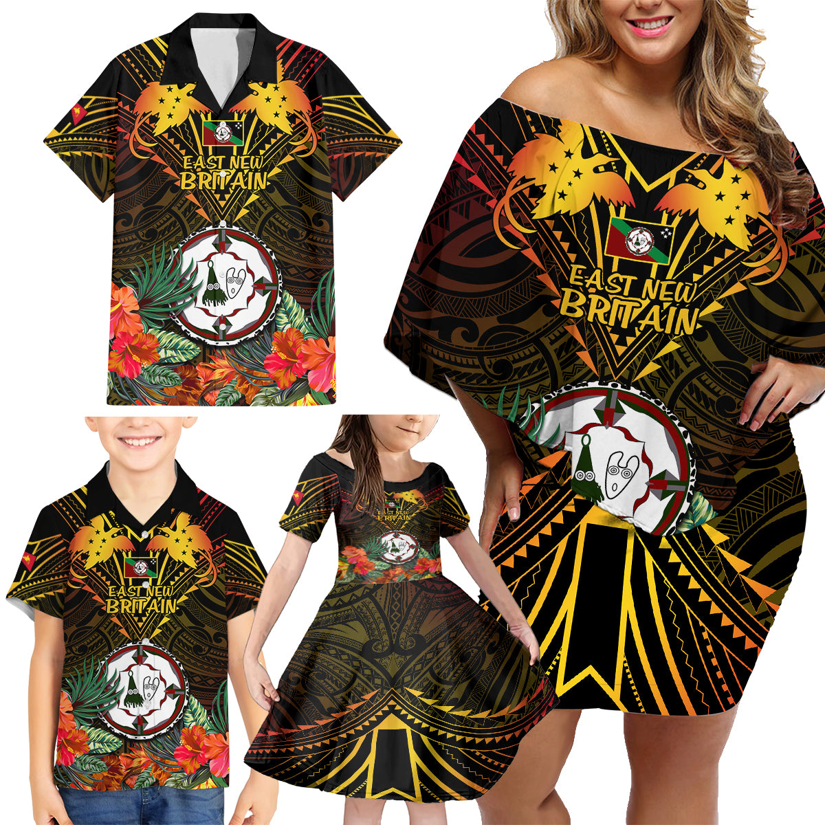 Papua New Guinea East New Britain Province Family Matching Off Shoulder Short Dress and Hawaiian Shirt Papua Niugini Coat Of Arms With Flag Style LT14 - Polynesian Pride