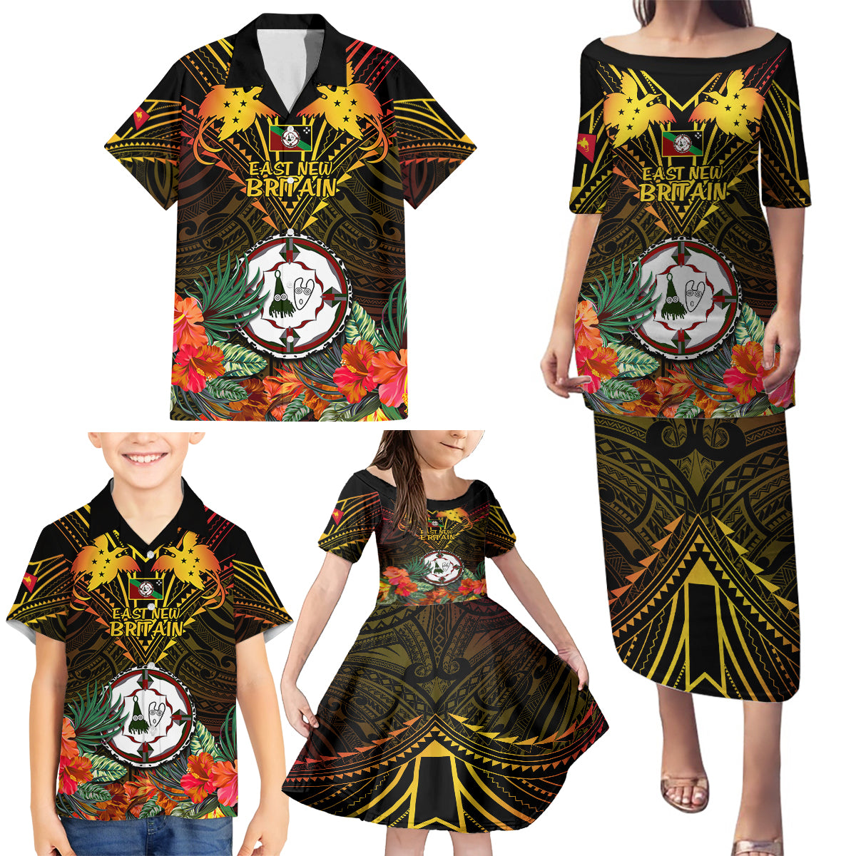 Papua New Guinea East New Britain Province Family Matching Puletasi Dress and Hawaiian Shirt Papua Niugini Coat Of Arms With Flag Style LT14 - Polynesian Pride