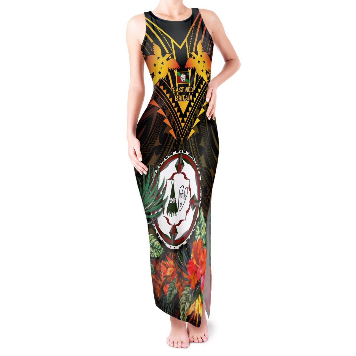 Papua New Guinea East New Britain Province Tank Maxi Dress Papua Niugini Coat Of Arms With Flag Style LT14 Women Black - Polynesian Pride