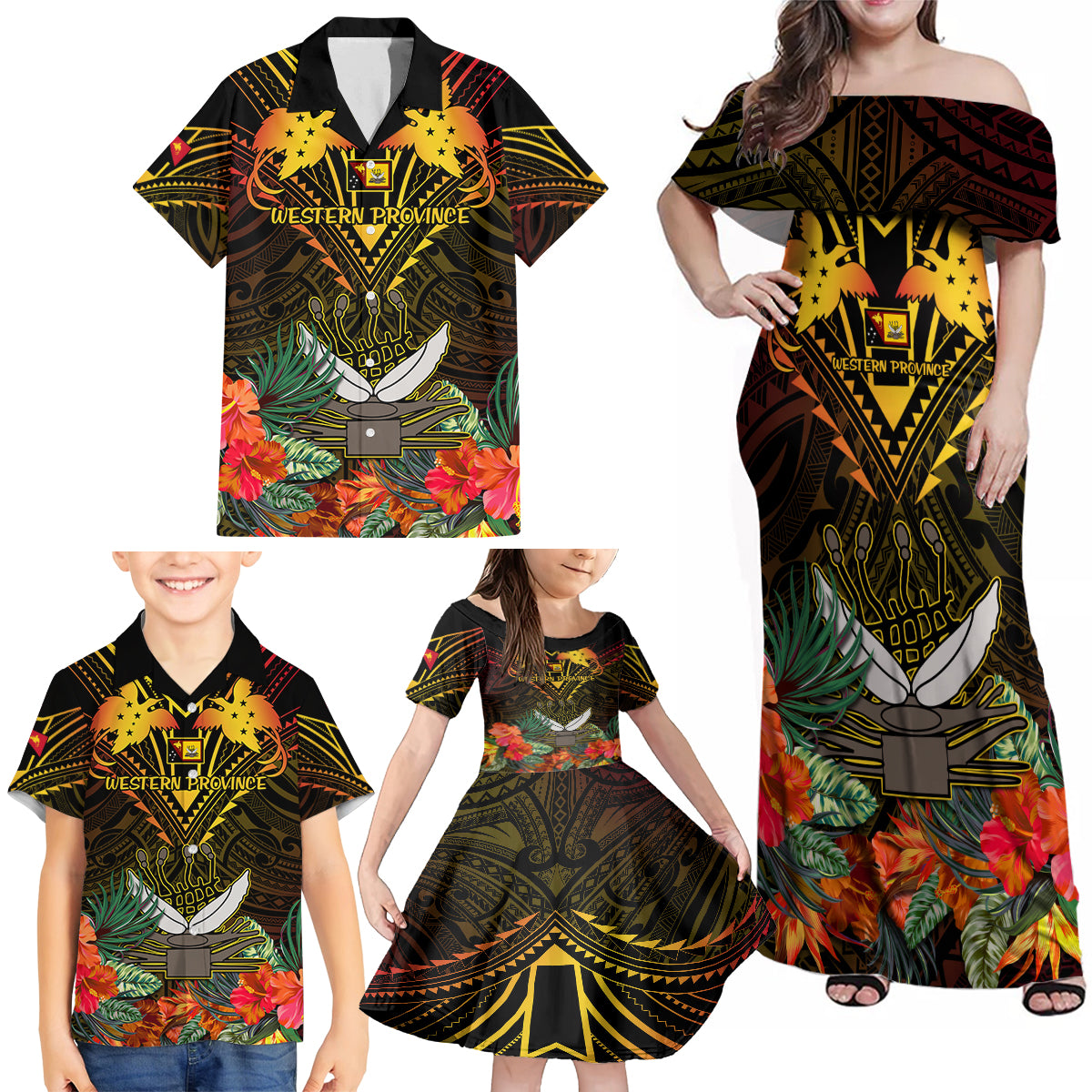 Papua New Guinea Western Province Family Matching Off Shoulder Maxi Dress and Hawaiian Shirt Papua Niugini Coat Of Arms With Flag Style LT14 - Polynesian Pride