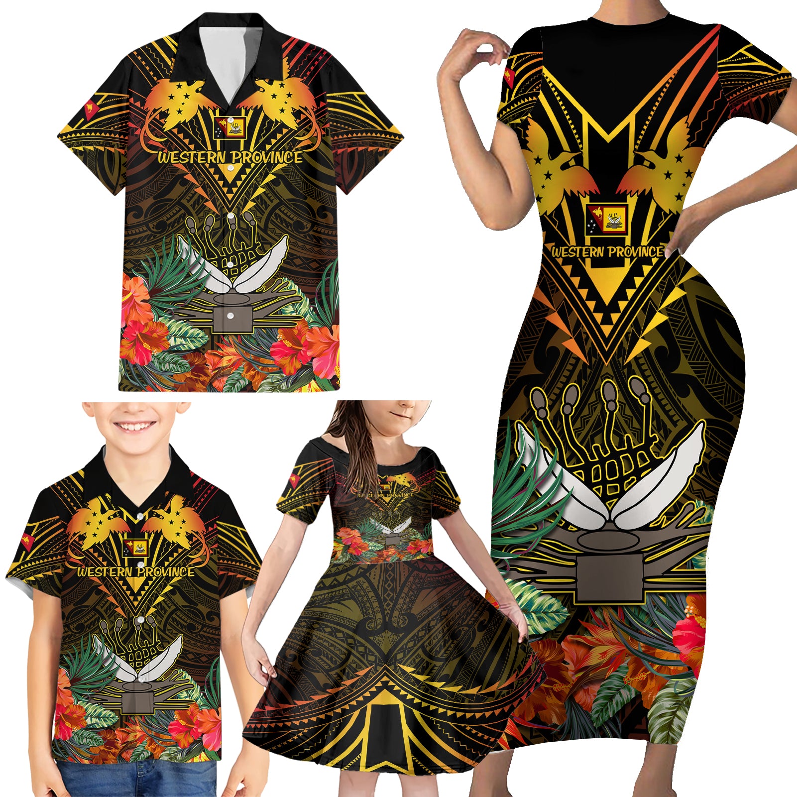 Papua New Guinea Western Province Family Matching Short Sleeve Bodycon Dress and Hawaiian Shirt Papua Niugini Coat Of Arms With Flag Style LT14 - Polynesian Pride