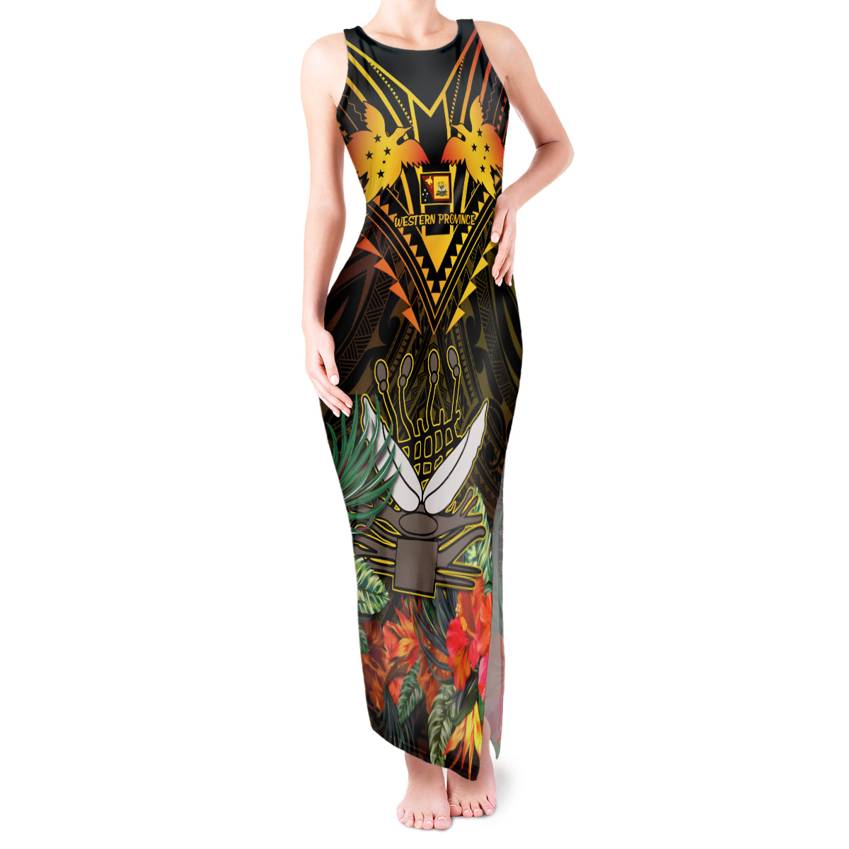 Papua New Guinea Western Province Tank Maxi Dress Papua Niugini Coat Of Arms With Flag Style LT14 Women Black - Polynesian Pride