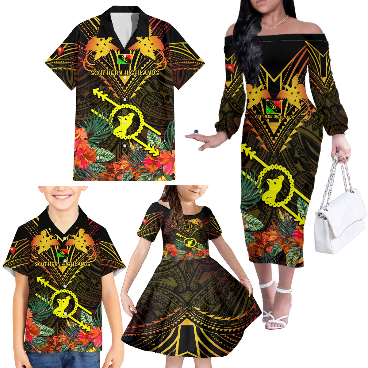 Papua New Guinea Southern Highlands Province Family Matching Off Shoulder Long Sleeve Dress and Hawaiian Shirt Papua Niugini Coat Of Arms With Flag Style LT14 - Polynesian Pride