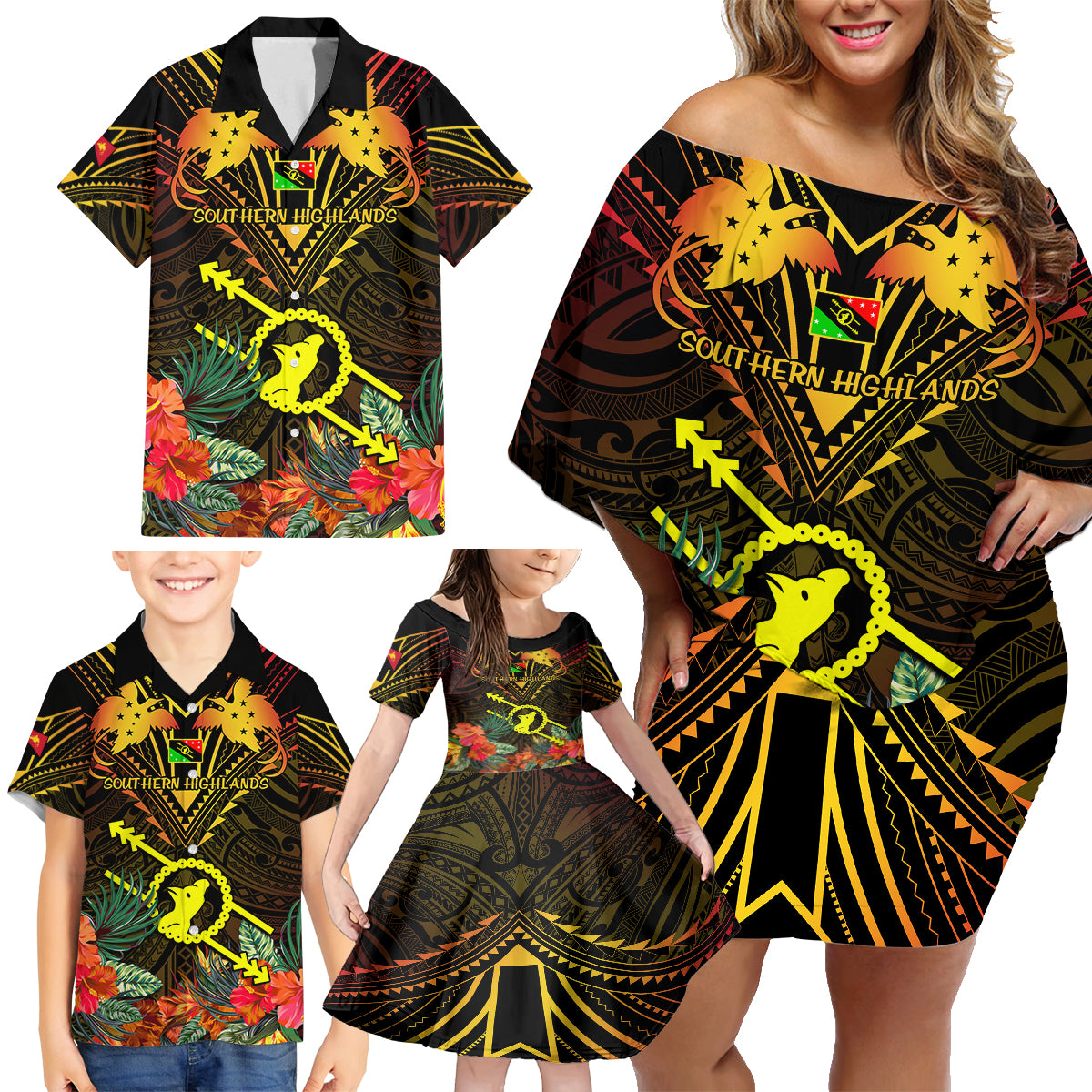 Papua New Guinea Southern Highlands Province Family Matching Off Shoulder Short Dress and Hawaiian Shirt Papua Niugini Coat Of Arms With Flag Style LT14 - Polynesian Pride