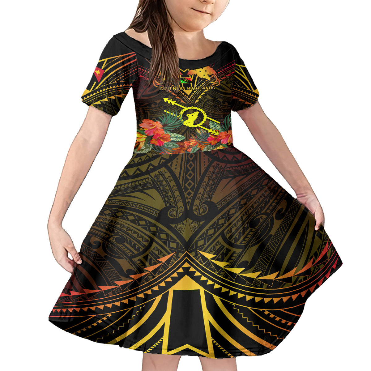 Papua New Guinea Southern Highlands Province Kid Short Sleeve Dress Papua Niugini Coat Of Arms With Flag Style LT14 KID Black - Polynesian Pride