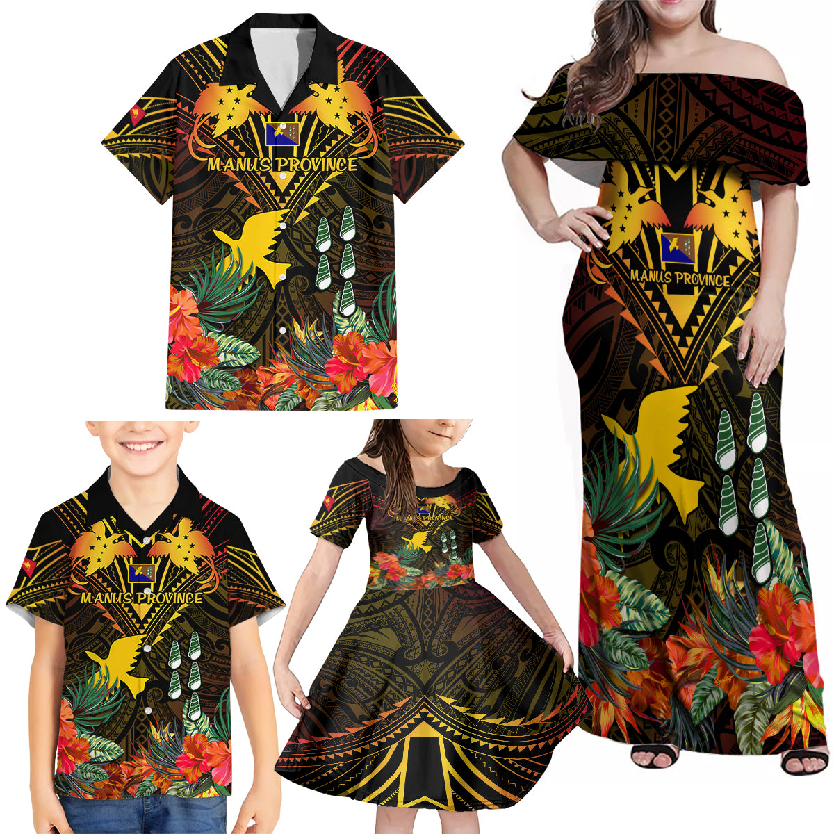 papua-new-guinea-manus-province-family-matching-off-shoulder-maxi-dress-and-hawaiian-shirt-papua-niugini-coat-of-arms-with-flag-style