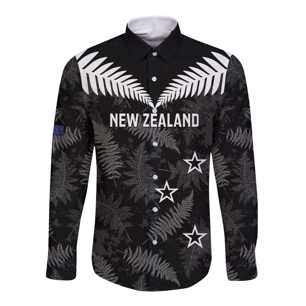 Custom New Zealand Silver Fern Football Long Sleeve Button Shirt Go Aotearoa Grunge Black LT14 Unisex Black - Polynesian Pride