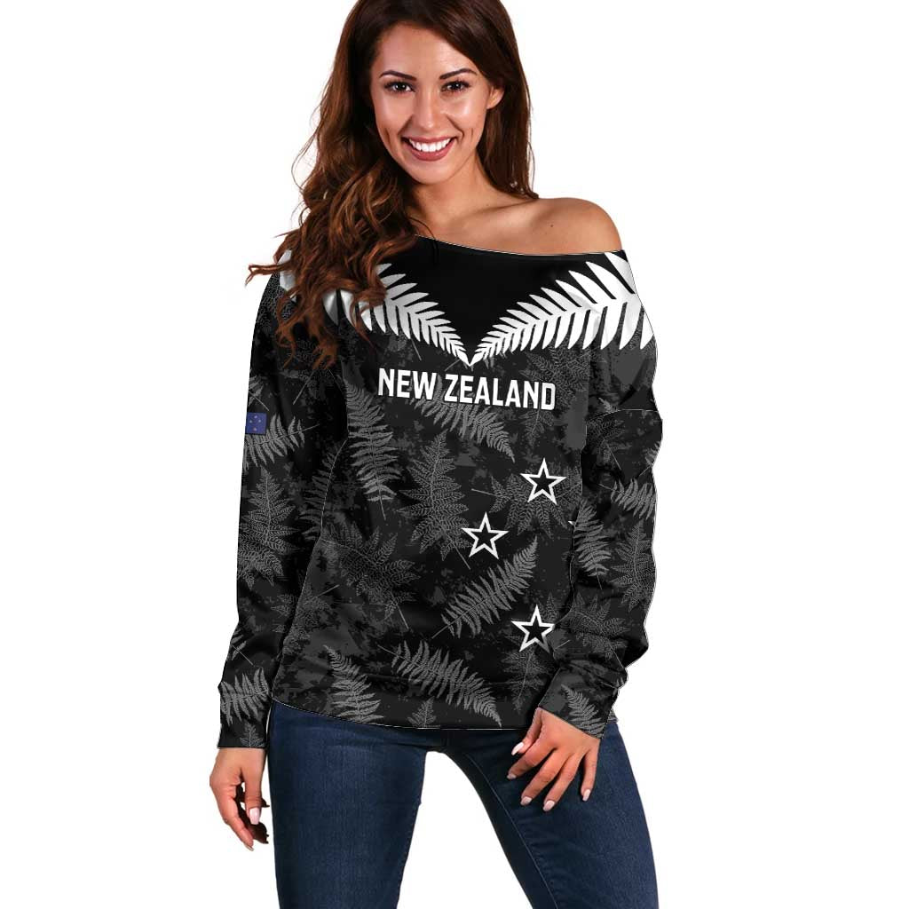 Custom New Zealand Silver Fern Football Off Shoulder Sweater Go Aotearoa Grunge Black LT14 Women Black - Polynesian Pride