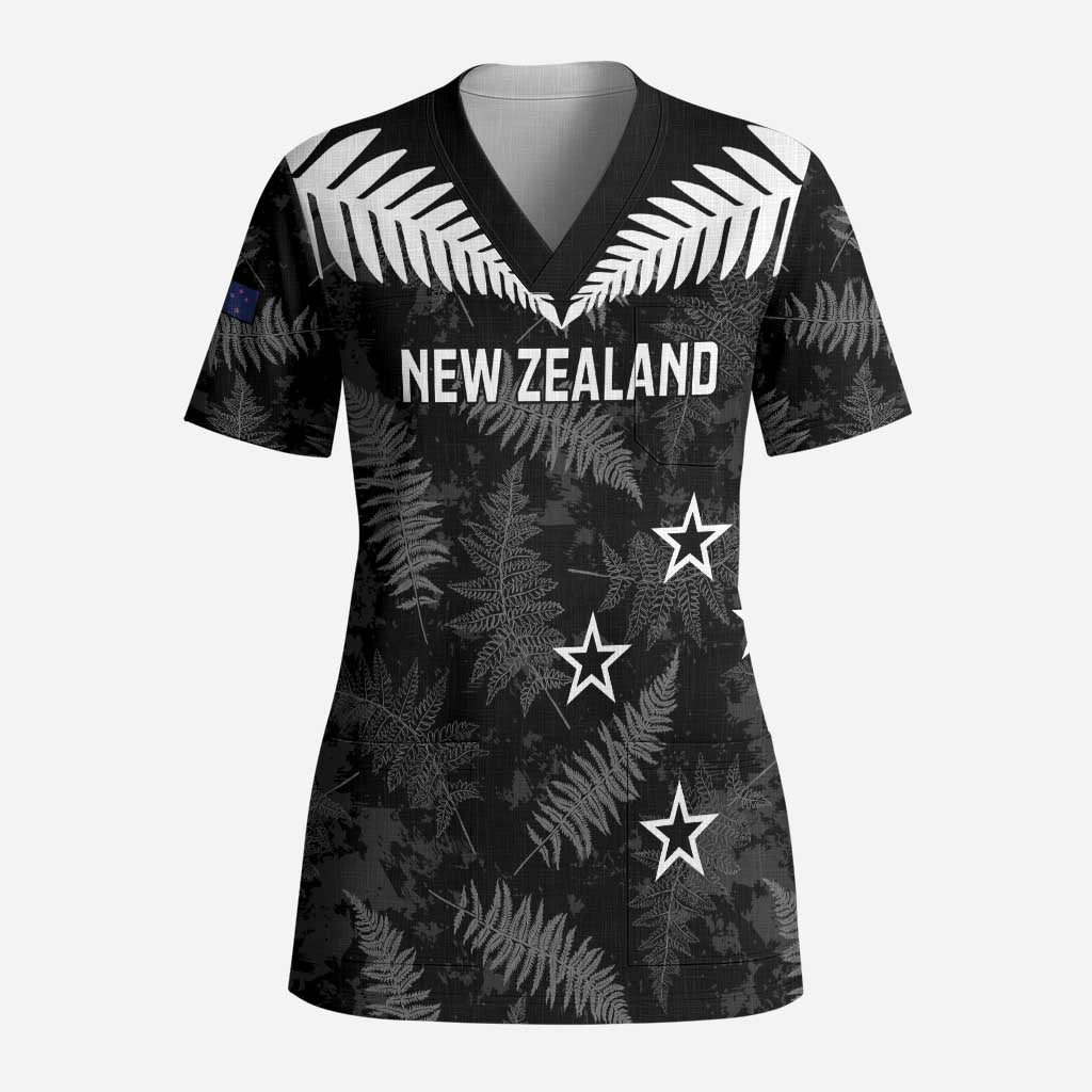Custom New Zealand Silver Fern Football Scrub Top Go Aotearoa Grunge Black LT14 Adult Black - Polynesian Pride