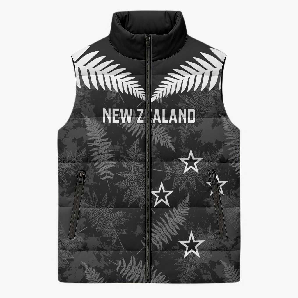 Custom New Zealand Silver Fern Football Sleeveless Puffer Jacket Go Aotearoa Grunge Black LT14 Unisex Black - Polynesian Pride