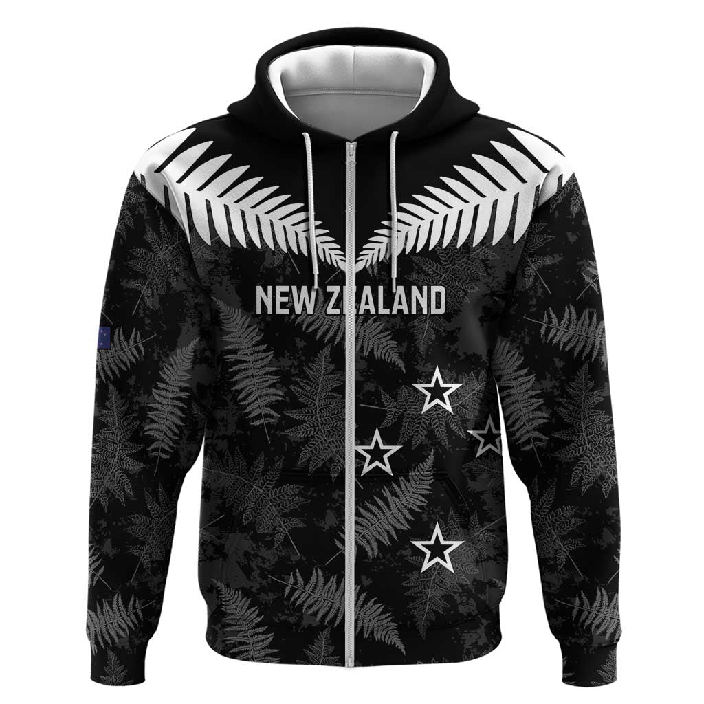 Custom New Zealand Silver Fern Football Zip Hoodie Go Aotearoa Grunge Black LT14 Zip Hoodie Black - Polynesian Pride