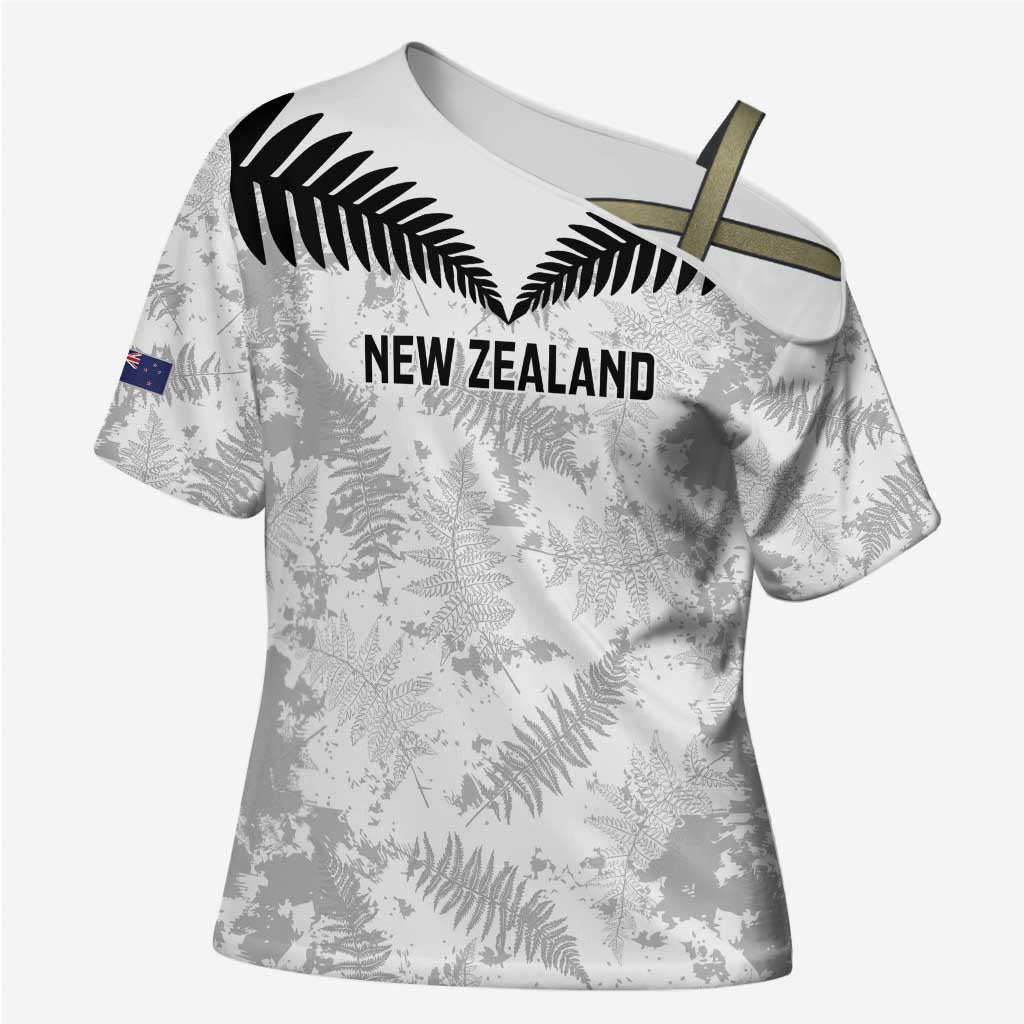 Custom New Zealand Silver Fern Football Cross Shoulder Shirt Go Aotearoa Grunge White LT14 Female White - Polynesian Pride