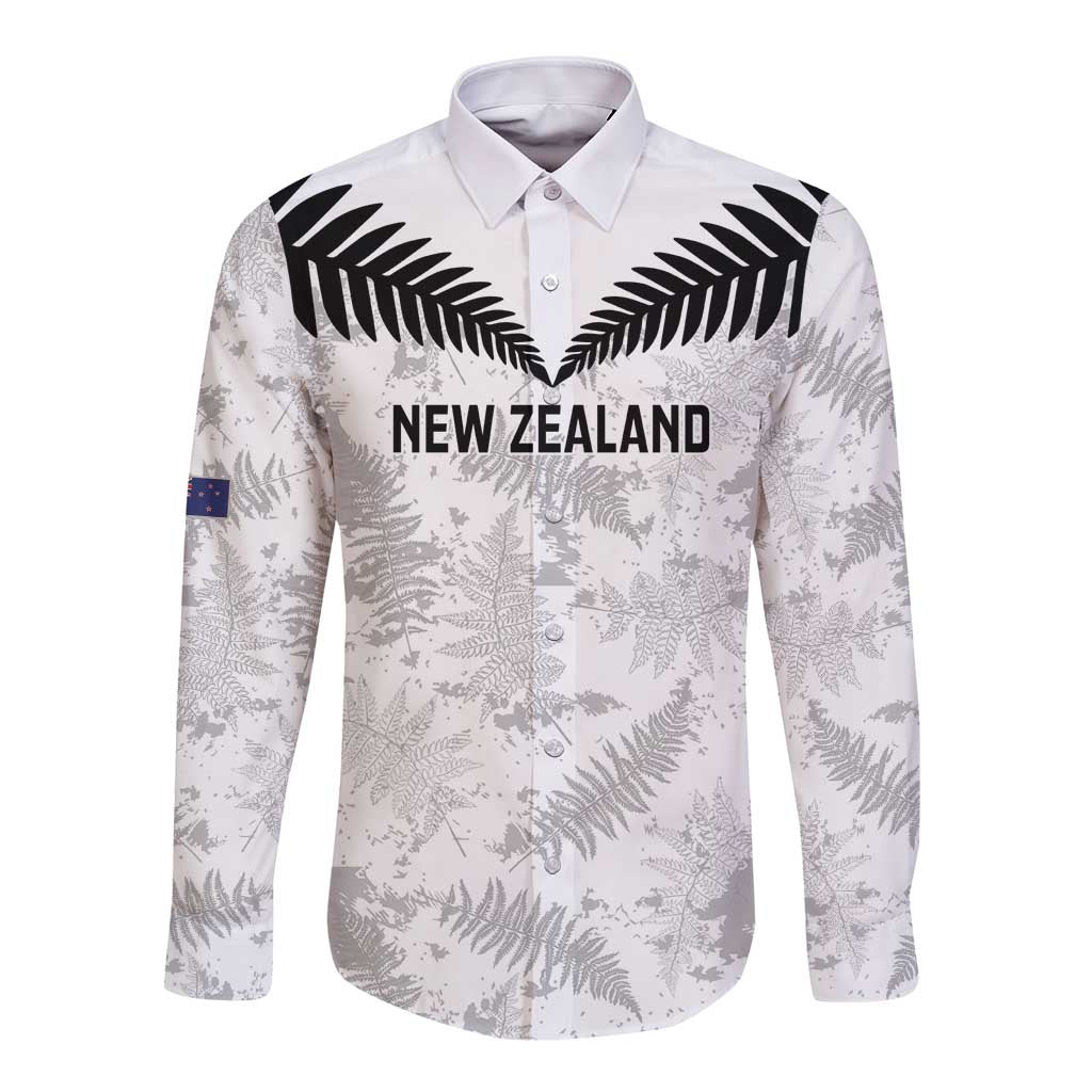 Custom New Zealand Silver Fern Football Long Sleeve Button Shirt Go Aotearoa Grunge White LT14 Unisex White - Polynesian Pride