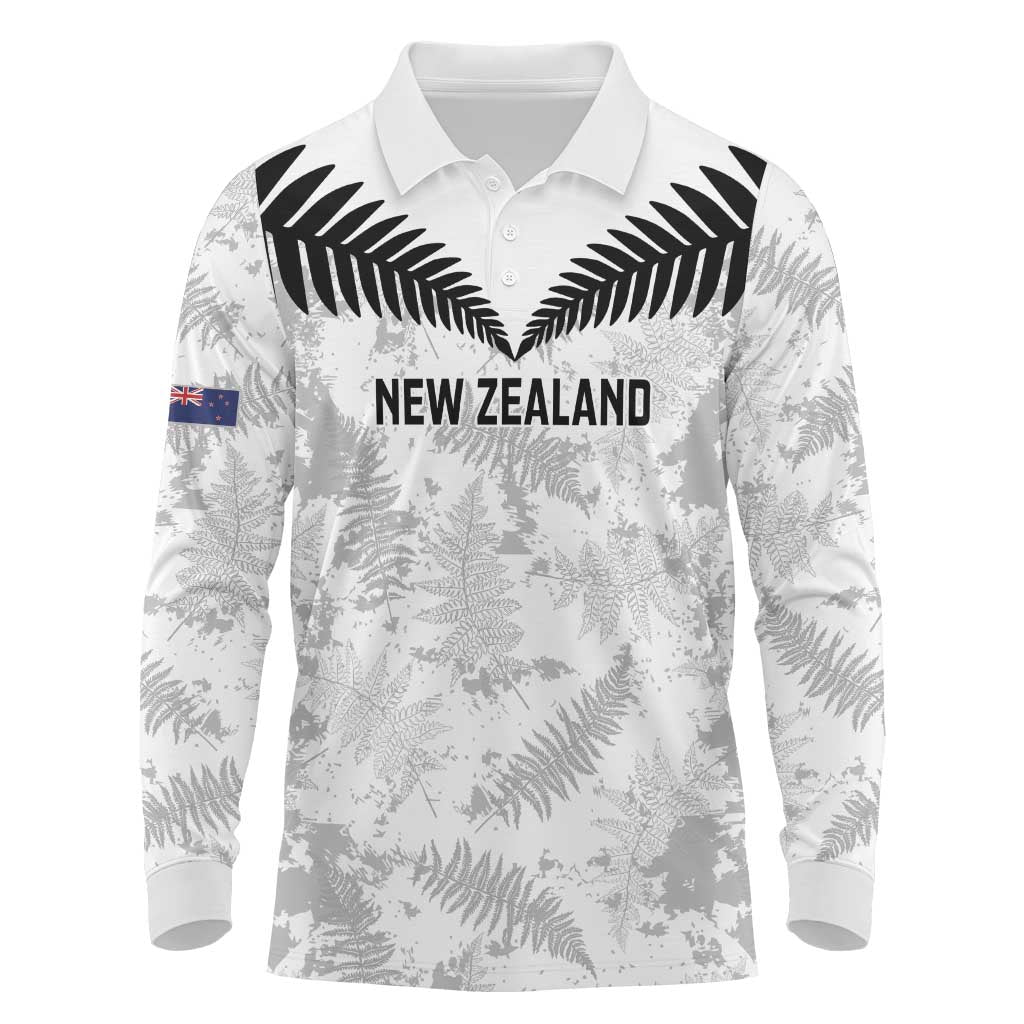Custom New Zealand Silver Fern Football Long Sleeve Polo Shirt Go Aotearoa Grunge White LT14 White - Polynesian Pride