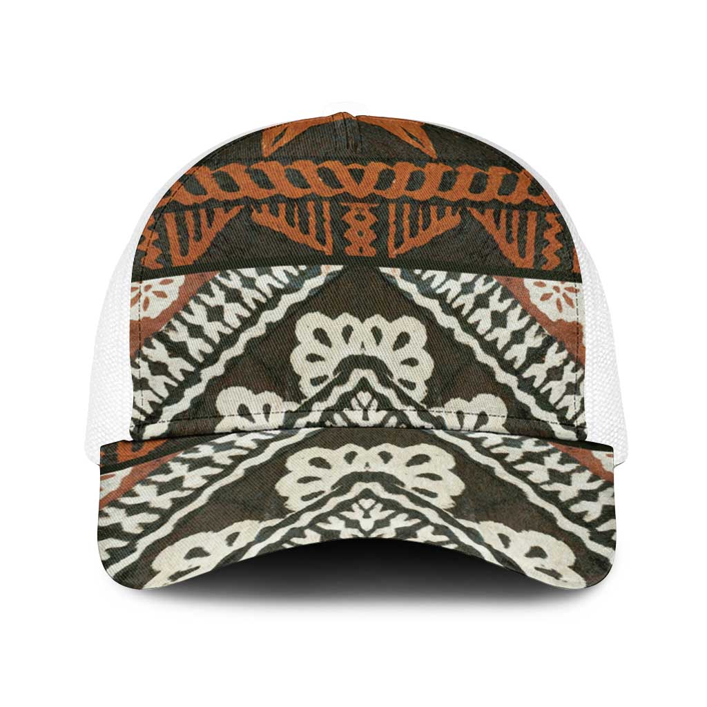 Bula Fiji Tapa Baseball Net Cap Fijian Masi Vintage Vibes LT14 One Size White Brown - Polynesian Pride