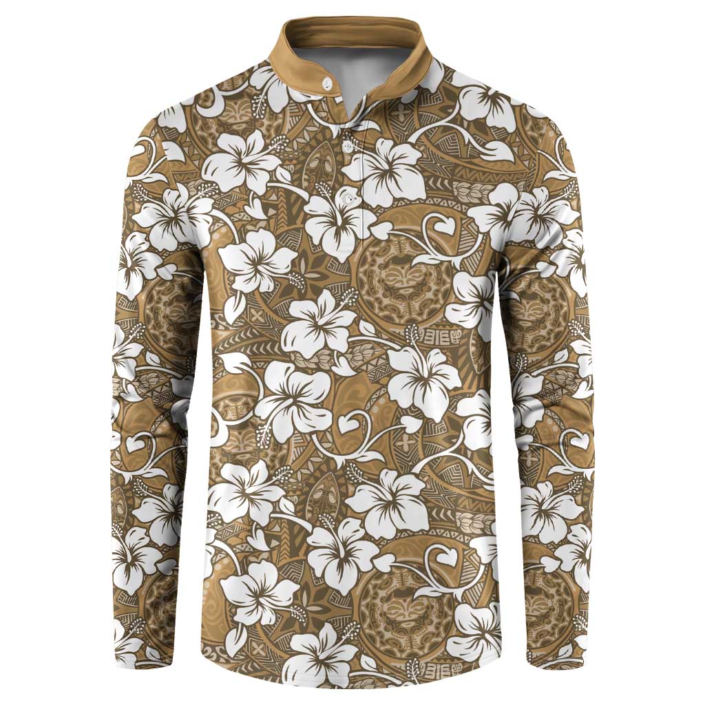 Kuvui Bula Fiji Button Sweatshirt Fijian Tapa Seamless Hibiscus LT14 Brown - Polynesian Pride