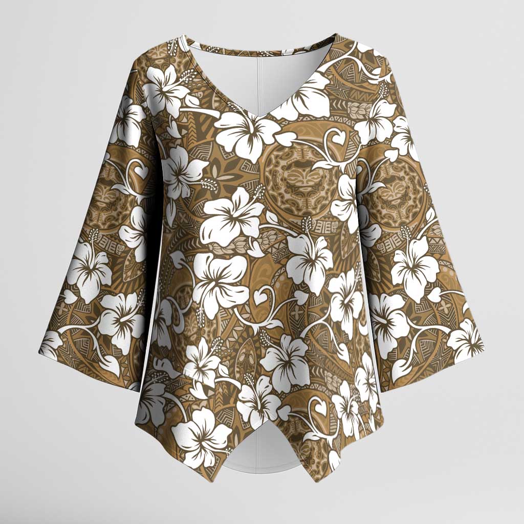 Kuvui Bula Fiji Kimono Sleeve Blouse Fijian Tapa Seamless Hibiscus LT14 Female Brown - Polynesian Pride