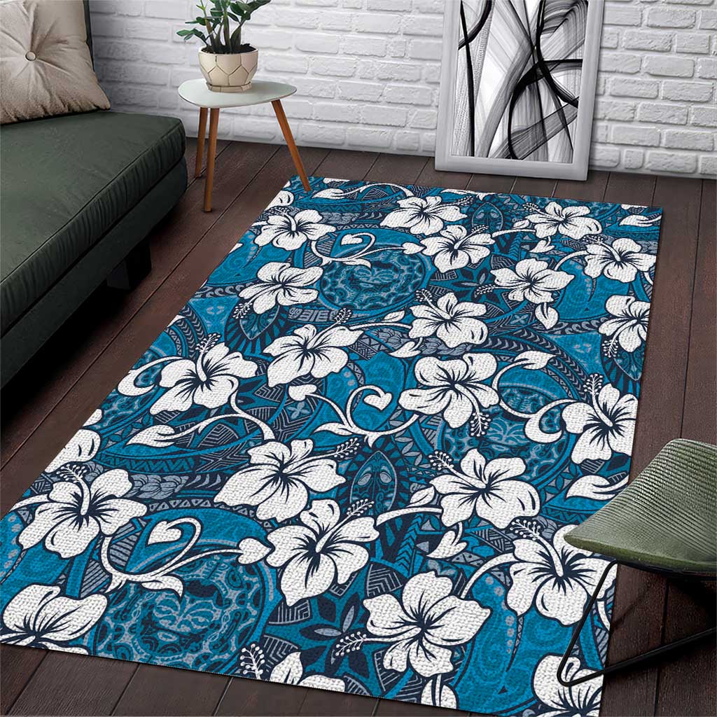Karakarawa Bula Fiji Area Rug Fijian Tapa Seamless Hibiscus LT14 Blue - Polynesian Pride