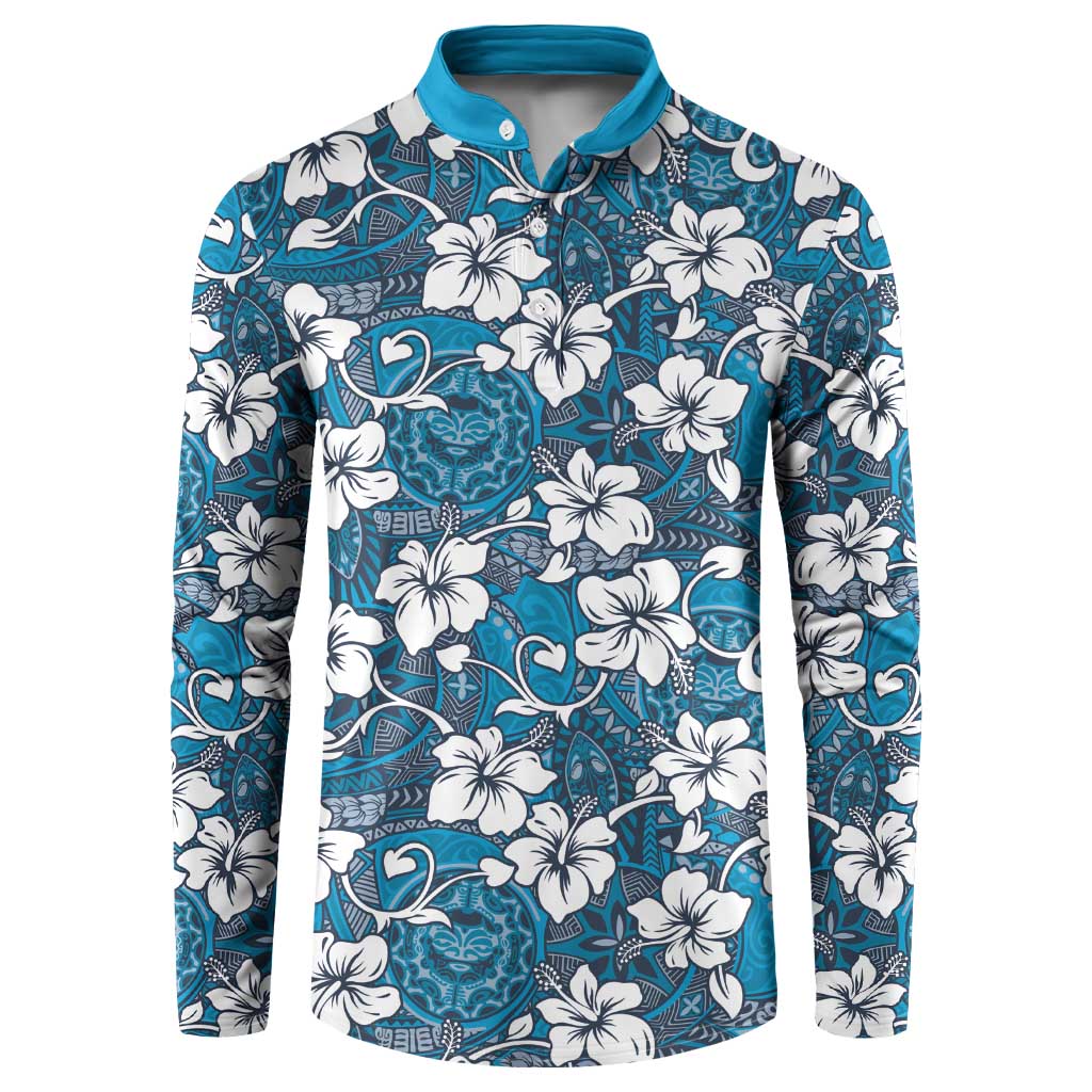 Karakarawa Bula Fiji Button Sweatshirt Fijian Tapa Seamless Hibiscus LT14 Blue - Polynesian Pride