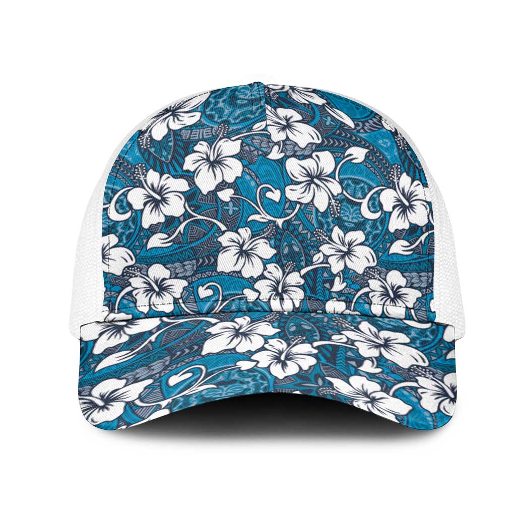 Karakarawa Bula Fiji Mesh Trucker Cap Fijian Tapa Seamless Hibiscus LT14 One Size White Blue - Polynesian Pride