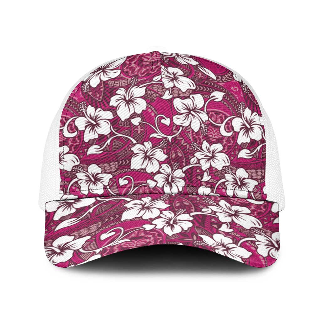 Piqi Bula Fiji Baseball Net Cap Fijian Tapa Seamless Hibiscus LT14 One Size White Pink - Polynesian Pride