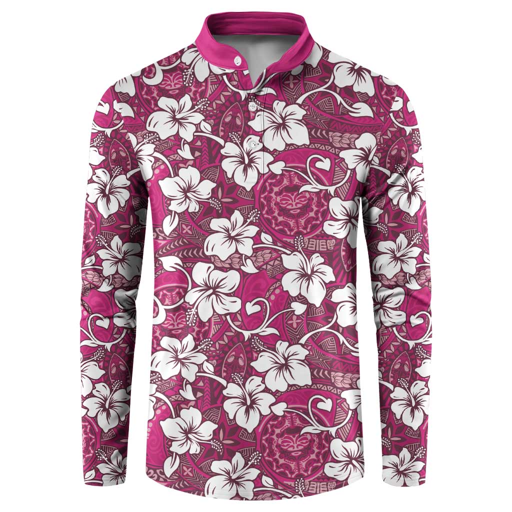 Piqi Bula Fiji Button Sweatshirt Fijian Tapa Seamless Hibiscus LT14 Pink - Polynesian Pride