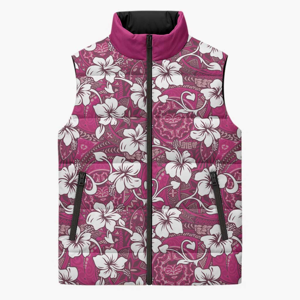 Piqi Bula Fiji Sleeveless Puffer Jacket Fijian Tapa Seamless Hibiscus LT14 Unisex Pink - Polynesian Pride